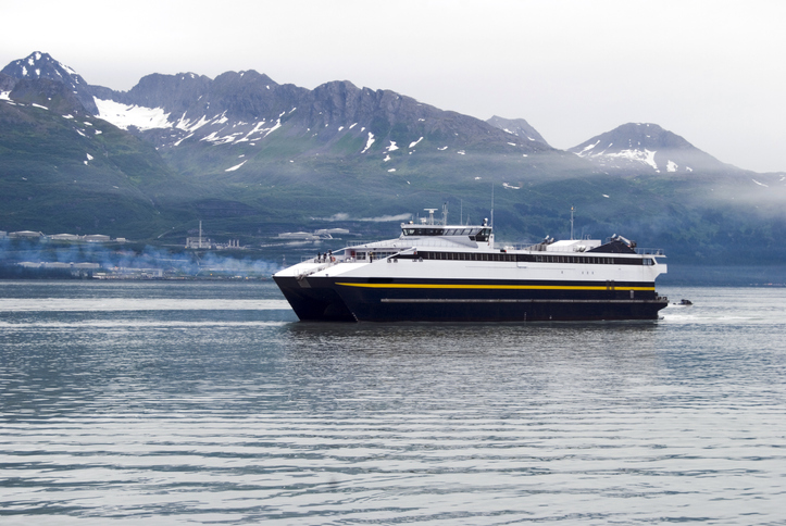 An Alaskan ferry as it enters the port of Valdez.